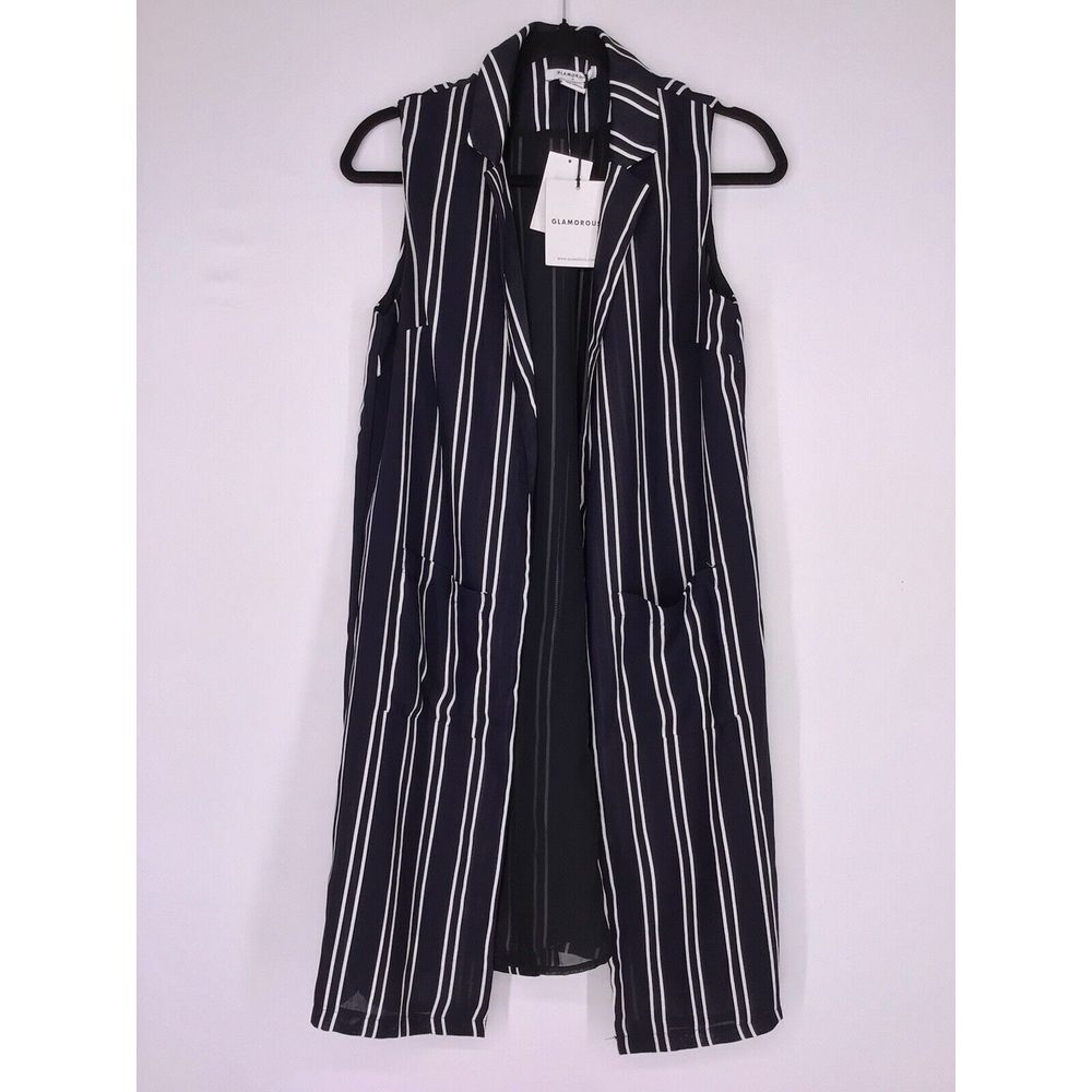 Glamorous Nordstrom Navy Striped‎ Sleeveless Cardigan Women's Size Medium NEW